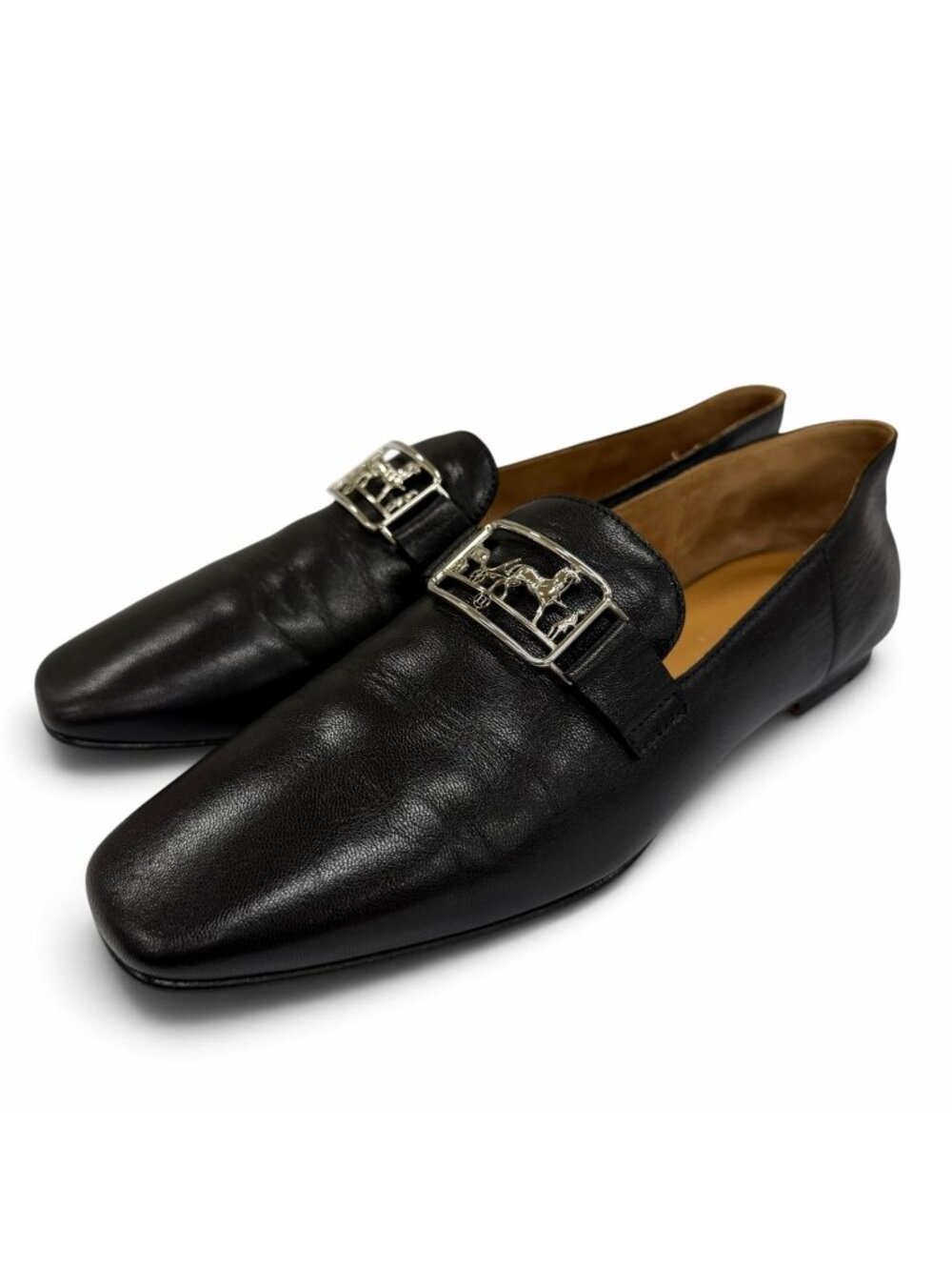Hermes Time Silver Carriage Leather Loafers Black